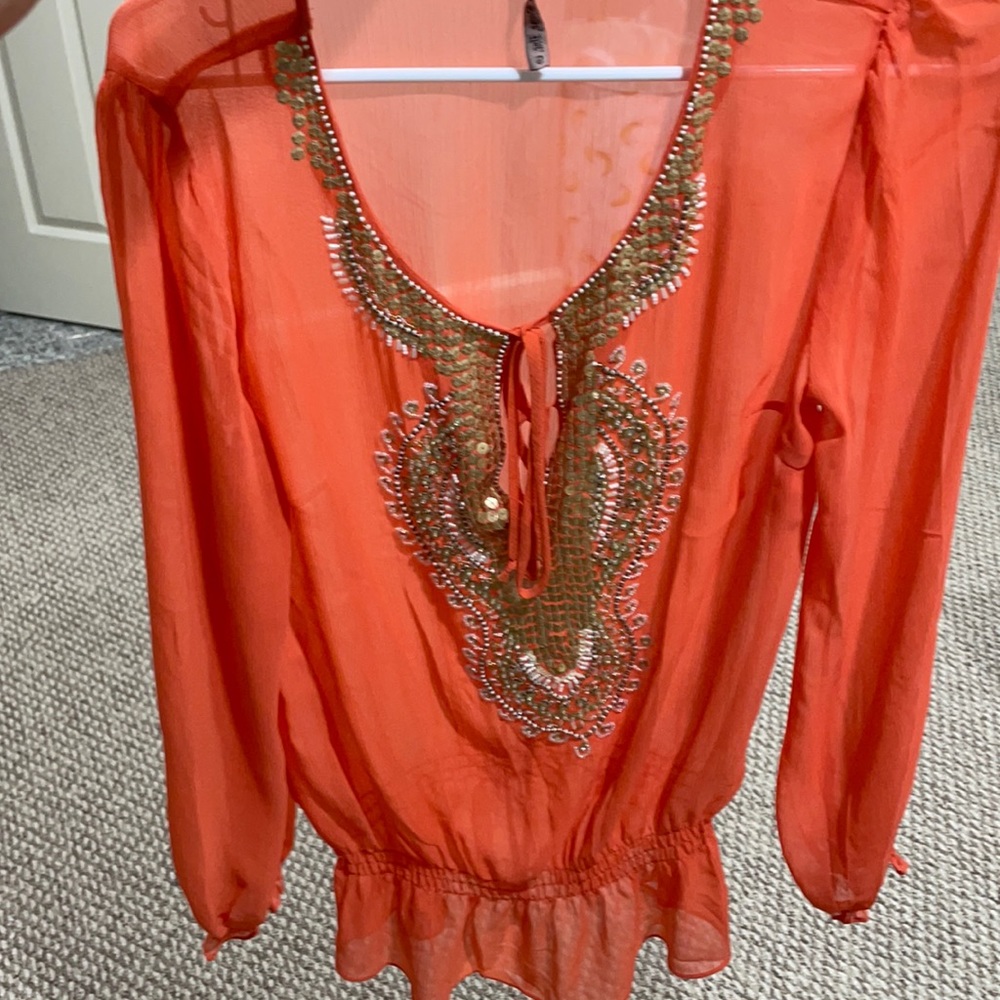 Bikini cover-up chiffon top coral orange beaded